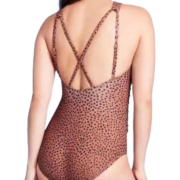 Kona Sol Spotted Print High Neck Ruched Full Coverage One Piece Swimsuit XL - Picture 2 of 10